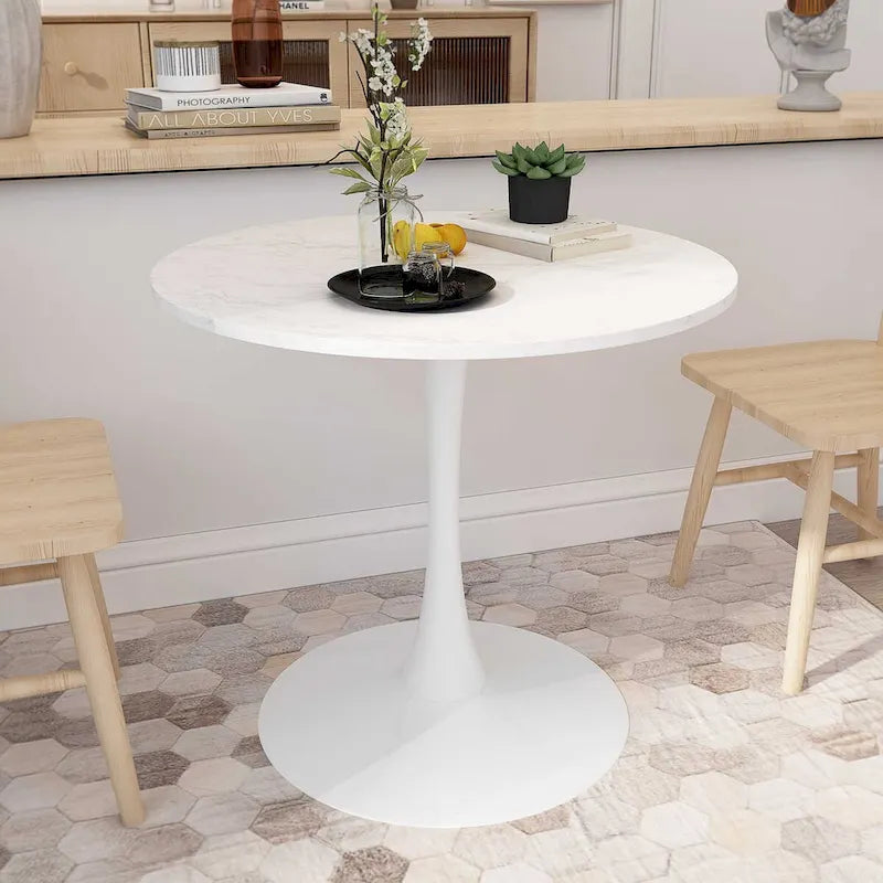 32Tavolo da pranzo moderno con base rotonda in metallo e piano in MDF