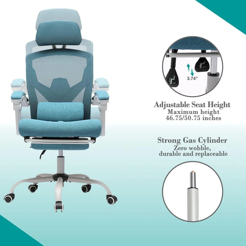 Sedia da Ufficio con Poggiapiedi, Sedia Reclinabile in Rete ad Alto Schienale con Poggiatesta per Casa, Ufficio, Gaming, Studenti