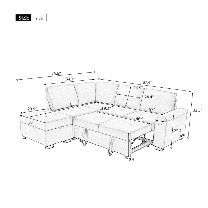 Divano letto angolare a L con contenitore e ricarica USB