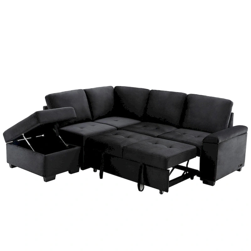Canapé d'angle convertible en velours avec pouf de rangement et port USB