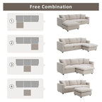 Canapé d'angle moderne en L, 2 coussins offerts, ensemble de canapé 4 places en tissu polyester, pouf, beige