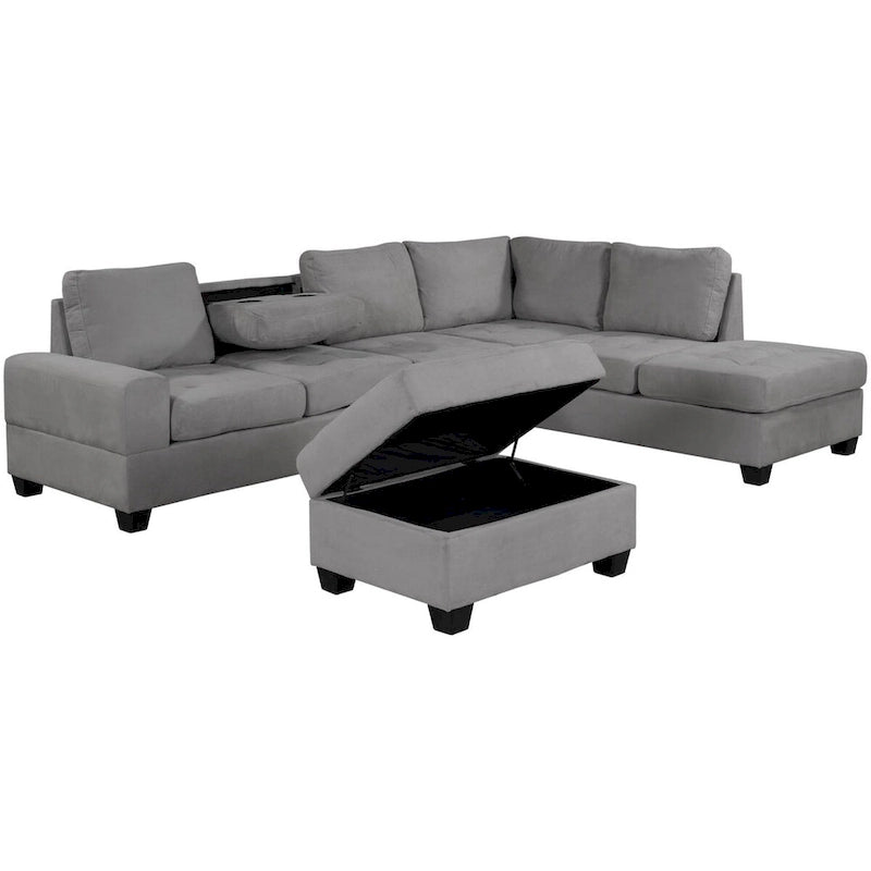 Divano sezionale moderno a L da 112 pollici con chaise reversibile, pouf contenitore e due portabicchieri - 112L x 80P x 33,7A