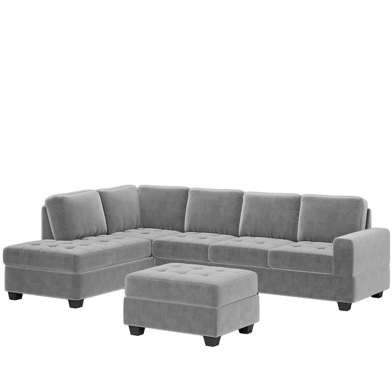 Divano sezionale moderno a L da 112 pollici con chaise reversibile, pouf contenitore e due portabicchieri - 112L x 80P x 33,7A