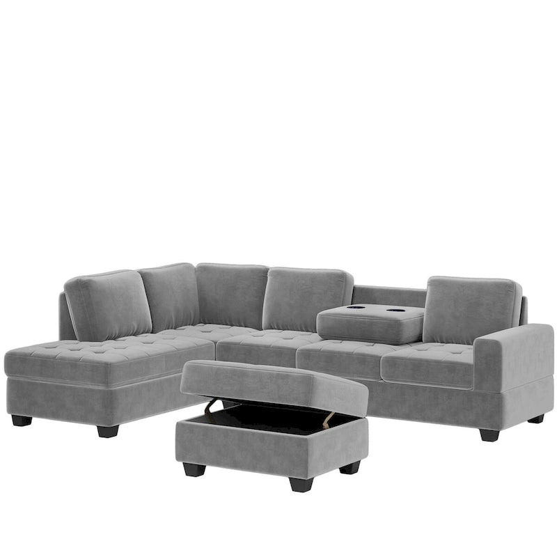 Divano sezionale moderno a L da 112 pollici con chaise reversibile, pouf contenitore e due portabicchieri - 112L x 80P x 33,7A