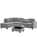 Divano sezionale moderno a L da 112 pollici con chaise reversibile, pouf contenitore e due portabicchieri - 112L x 80P x 33,7A