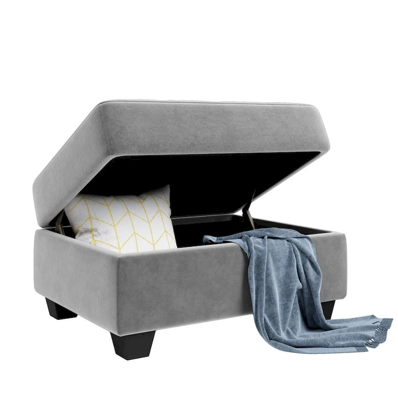 Divano sezionale moderno a L da 112 pollici con chaise reversibile, pouf contenitore e due portabicchieri - 112L x 80P x 33,7A
