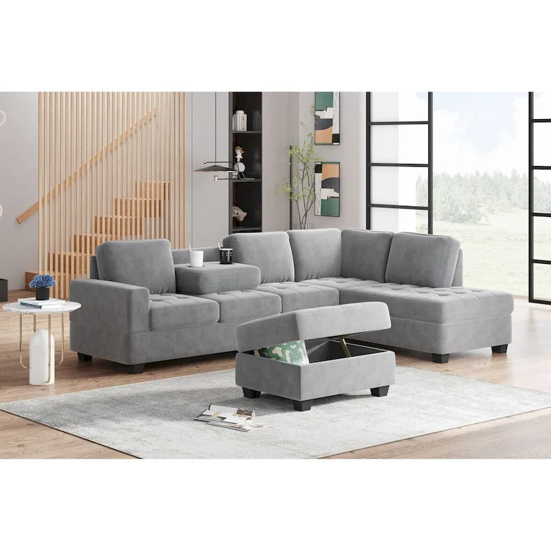 Divano sezionale moderno a L da 112 pollici con chaise reversibile, pouf contenitore e due portabicchieri - 112L x 80P x 33,7A