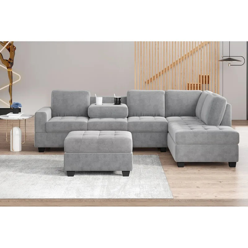 Divano sezionale moderno a L da 112 pollici con chaise reversibile, pouf contenitore e due portabicchieri - 112L x 80P x 33,7A
