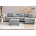 Divano sezionale moderno a L da 112 pollici con chaise reversibile, pouf contenitore e due portabicchieri - 112L x 80P x 33,7A
