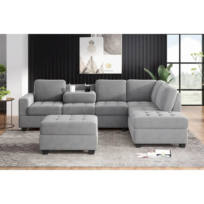 Divano sezionale moderno a L da 112 pollici con chaise reversibile, pouf contenitore e due portabicchieri - 112L x 80P x 33,7A
