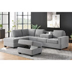 Divano sezionale moderno a L da 112 pollici con chaise reversibile, pouf contenitore e due portabicchieri - 112L x 80P x 33,7A
