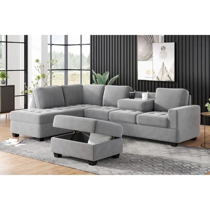 Divano sezionale moderno a L da 112 pollici con chaise reversibile, pouf contenitore e due portabicchieri - 112L x 80P x 33,7A