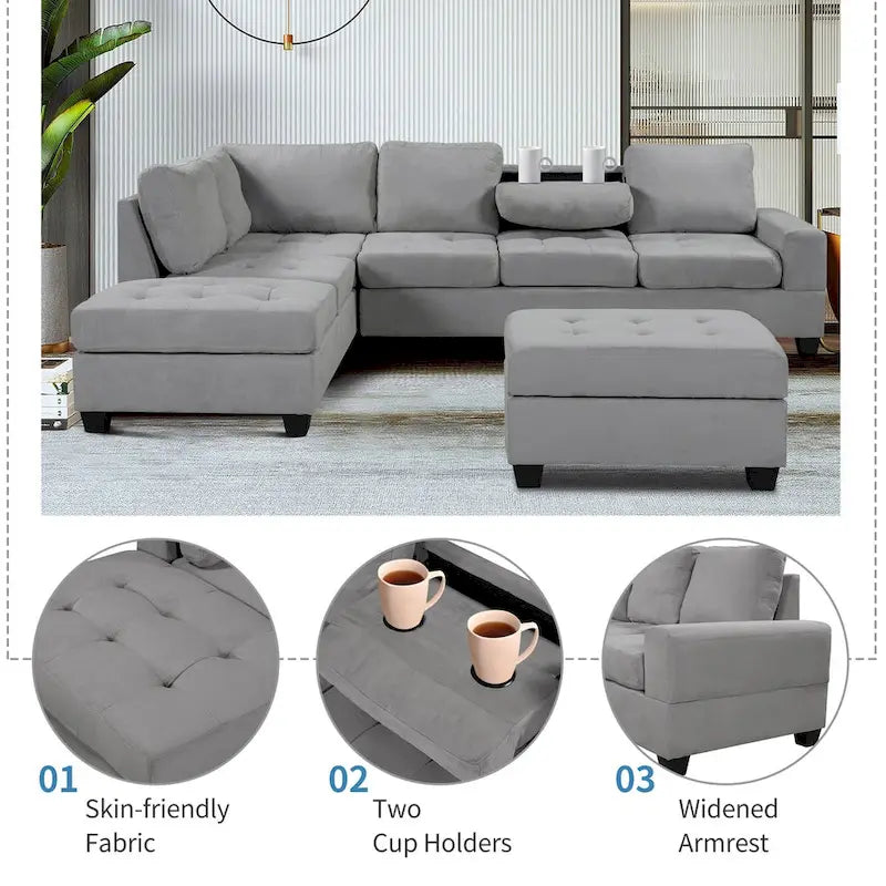 Divano sezionale moderno a L da 112 pollici con chaise reversibile, pouf contenitore e due portabicchieri - 112L x 80P x 33,7A