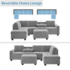 Divano sezionale moderno a L da 112 pollici con chaise reversibile, pouf contenitore e due portabicchieri - 112L x 80P x 33,7A