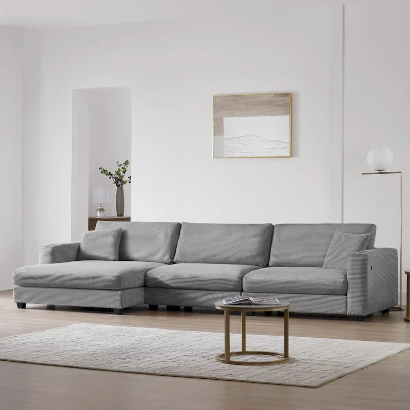 Divano sezionale in velluto a coste oversize, divano a L Cloud con porta di ricarica USB, portabicchieri, divano letto a seduta profonda con chaise longue da 50 pollici