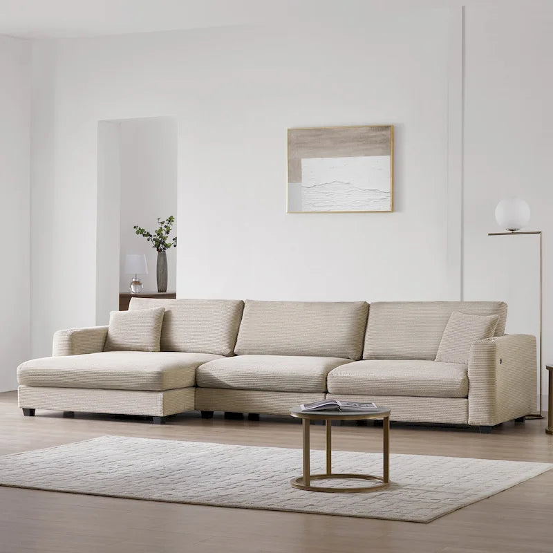 Divano sezionale in velluto a coste oversize, divano a L Cloud con porta di ricarica USB, portabicchieri, divano letto a seduta profonda con chaise longue da 50 pollici