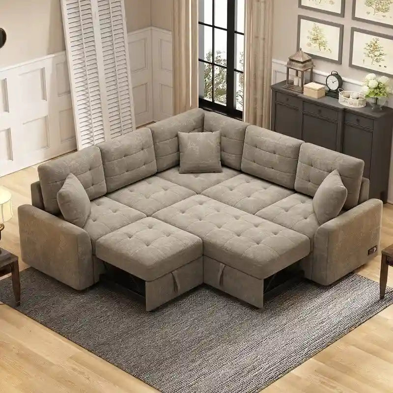 82.6 L-shape Sofa Bed,Sleeper Sofa with Wheels and USB Ports