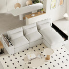 Divano componibile a L beige con cuscini dello schienale rimovibili, 3 cuscini decorativi e vani portaoggetti