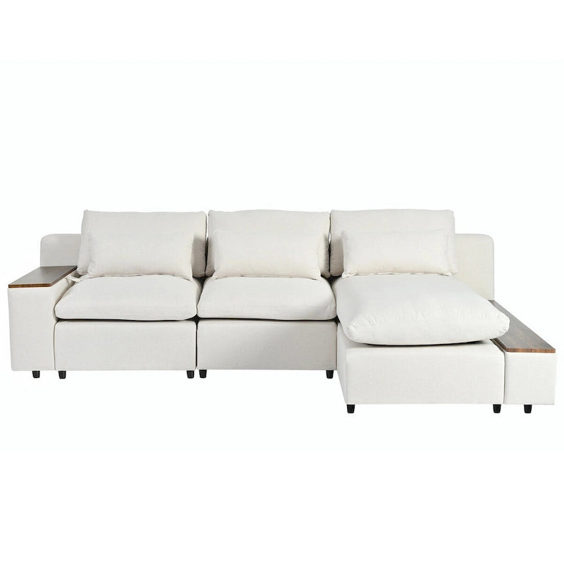 Divano componibile a L beige con cuscini dello schienale rimovibili, 3 cuscini decorativi e vani portaoggetti