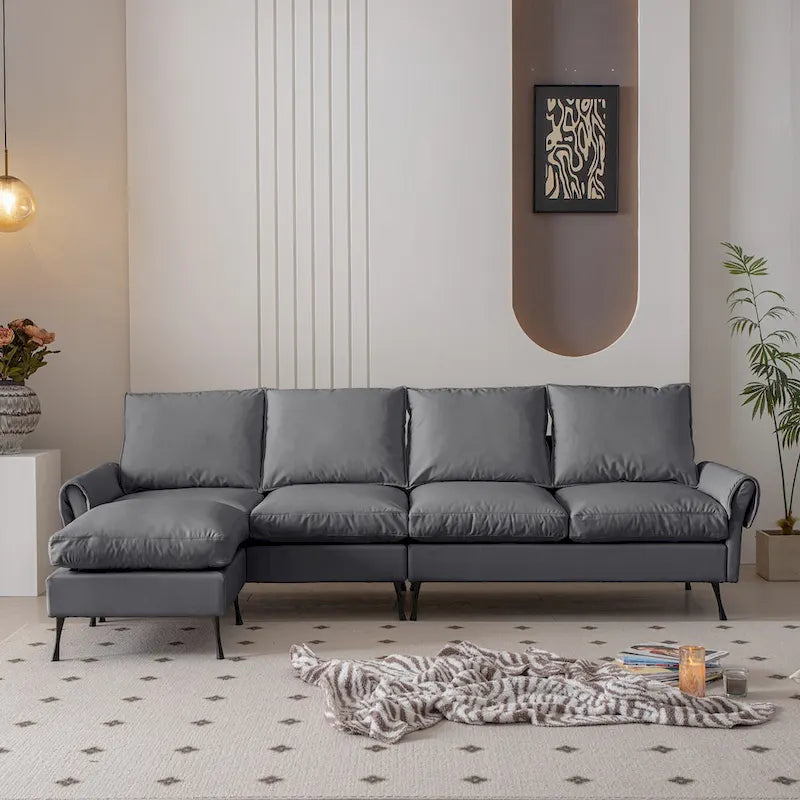 Divano moderno a L da 104,5 pollici con rivestimento in pelle tecnica e pouf convertibile, grigio scuro