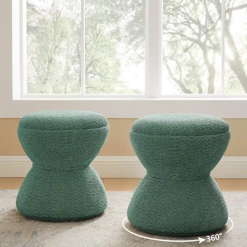 Pouf Djembe Boucle Imbottito con Base Girevole, Sgabello Girevole da Trucco per Soggiorno, Cabina Armadio (Set da 2)