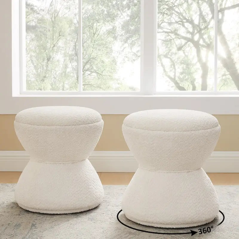 Pouf Djembe Boucle Imbottito con Base Girevole, Sgabello Girevole da Trucco per Soggiorno, Cabina Armadio (Set da 2)