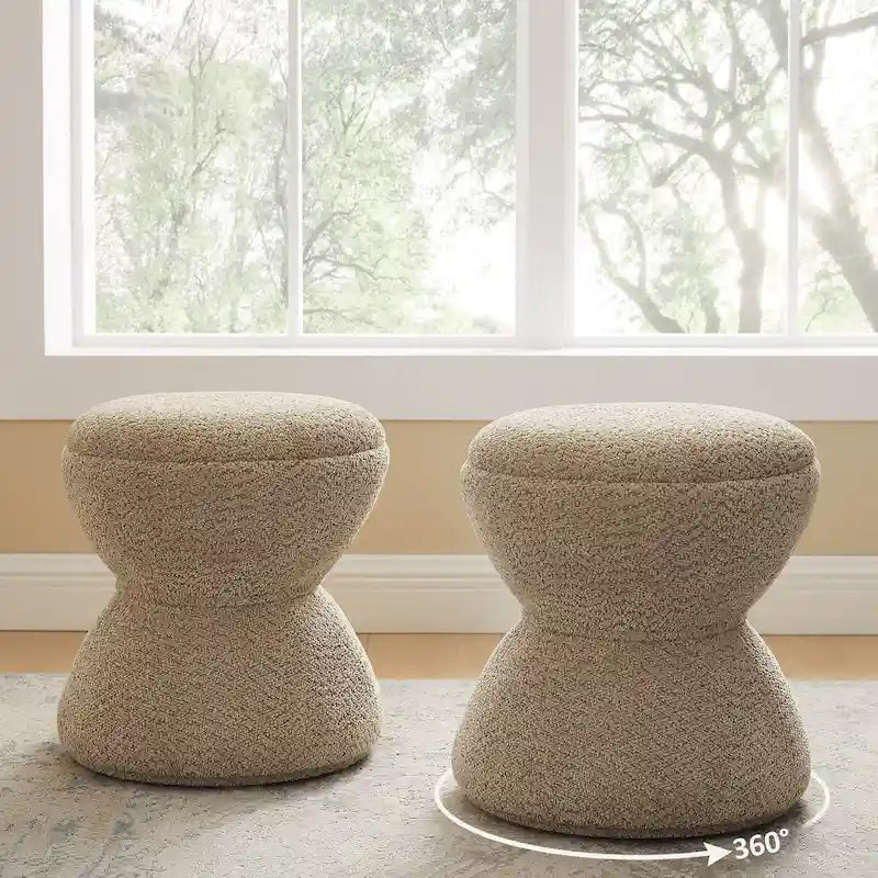 Pouf Djembe Boucle Imbottito con Base Girevole, Sgabello Girevole da Trucco per Soggiorno, Cabina Armadio (Set da 2)