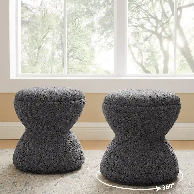 Pouf Djembe Boucle Imbottito con Base Girevole, Sgabello Girevole da Trucco per Soggiorno, Cabina Armadio (Set da 2)