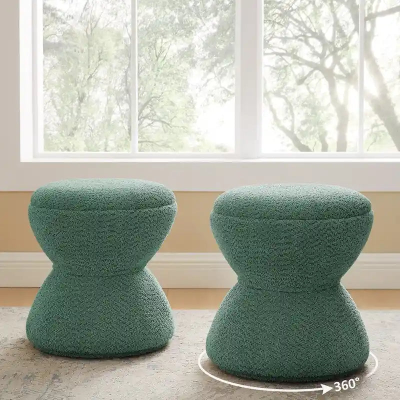 Pouf Djembe Boucle Imbottito con Base Girevole, Sgabello Girevole da Trucco per Soggiorno, Cabina Armadio (Set da 2)