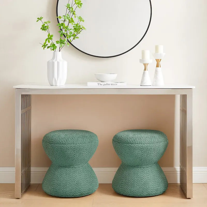 Pouf Djembe Boucle Imbottito con Base Girevole, Sgabello Girevole da Trucco per Soggiorno, Cabina Armadio (Set da 2)