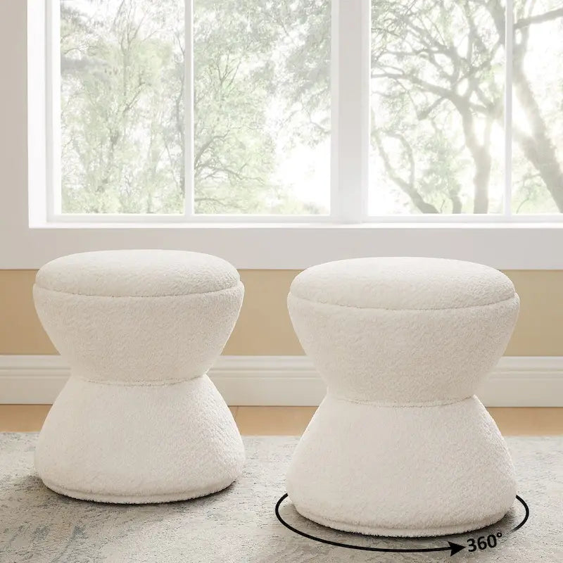 Pouf Djembe Boucle Imbottito con Base Girevole, Sgabello Girevole da Trucco per Soggiorno, Cabina Armadio (Set da 2)