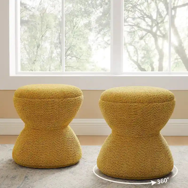 Pouf Djembe Boucle Imbottito con Base Girevole, Sgabello Girevole da Trucco per Soggiorno, Cabina Armadio (Set da 2)