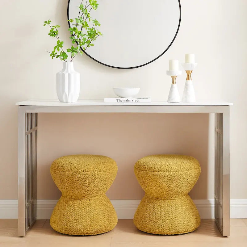 Pouf Djembe Boucle Imbottito con Base Girevole, Sgabello Girevole da Trucco per Soggiorno, Cabina Armadio (Set da 2)