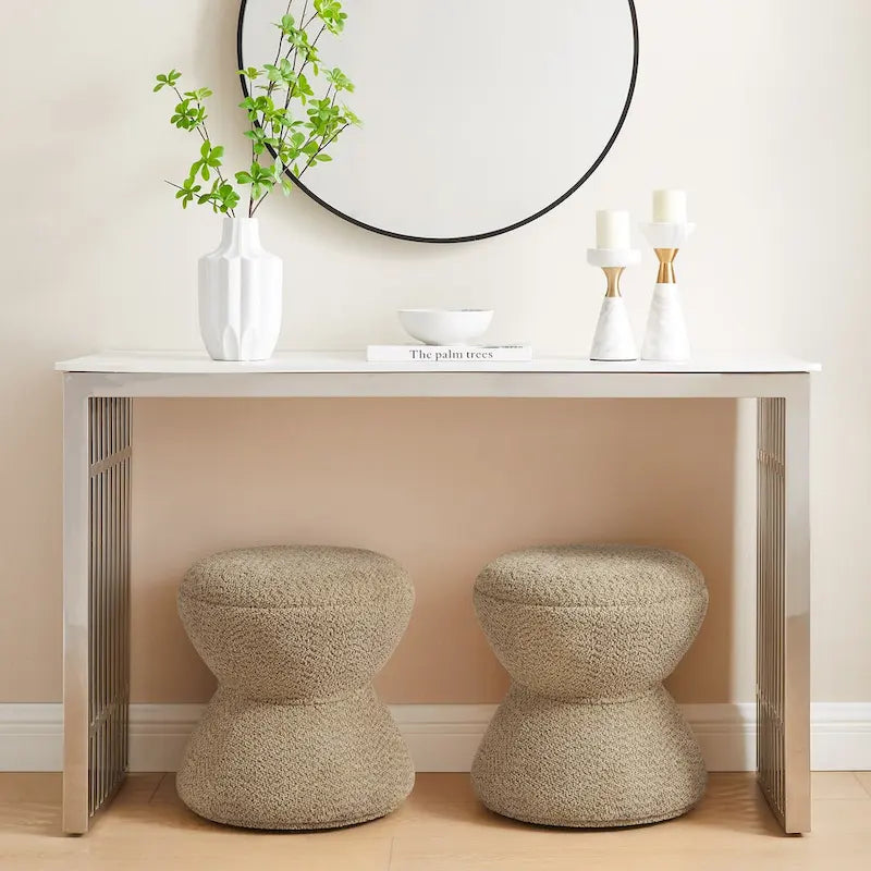 Pouf Djembe Boucle Imbottito con Base Girevole, Sgabello Girevole da Trucco per Soggiorno, Cabina Armadio (Set da 2)