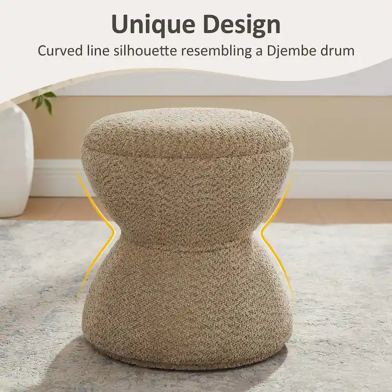 Pouf Djembe Boucle Imbottito con Base Girevole, Sgabello Girevole da Trucco per Soggiorno, Cabina Armadio (Set da 2)