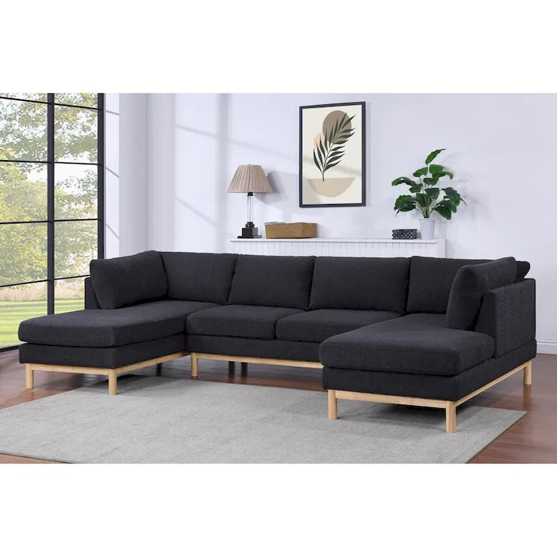Divano sezionale a U in Sherpa nero Hallie da 124 pollici con doppia chaise longue larga - 124L x 63.5P x 33.5A