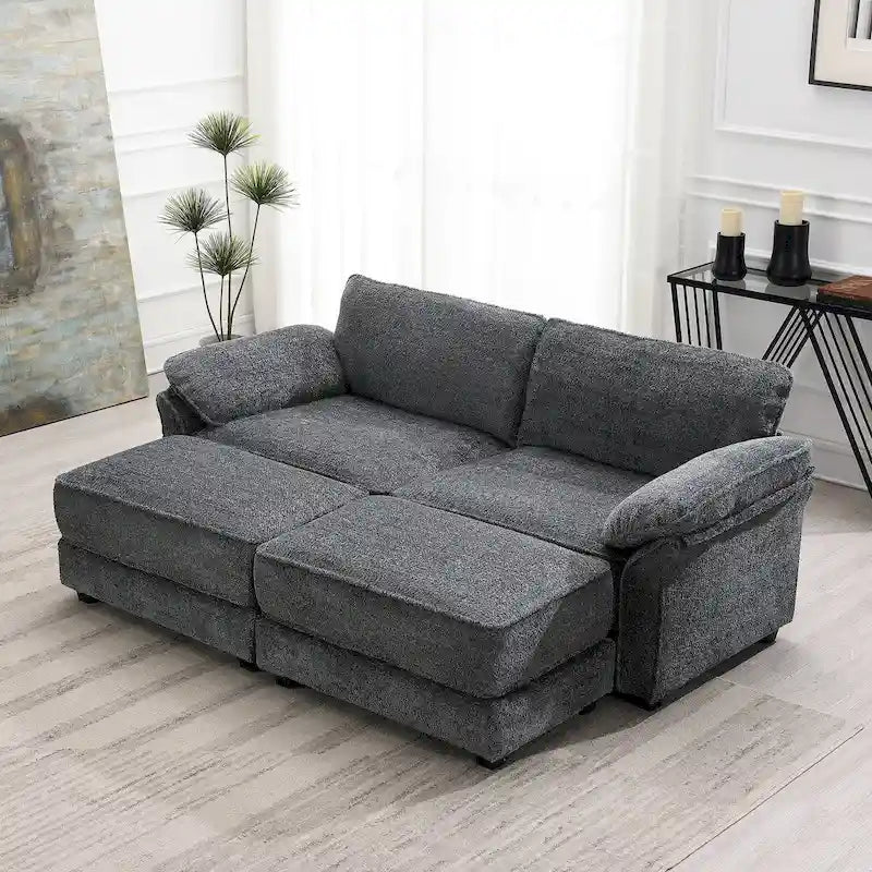 Divano letto componibile trasformabile a 4 posti imbottito a combinazione libera, seduta profonda, pouf, grigio