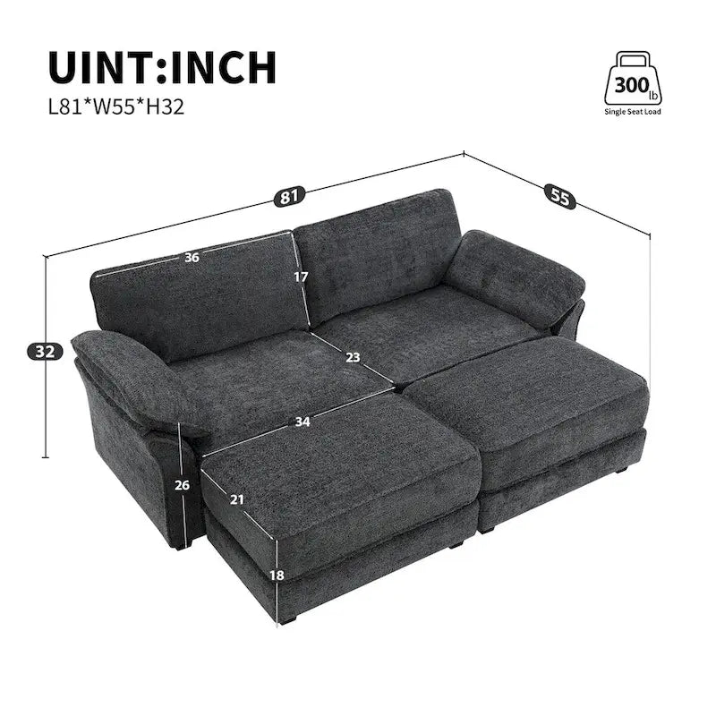 Divano letto componibile trasformabile a 4 posti imbottito a combinazione libera, seduta profonda, pouf, grigio