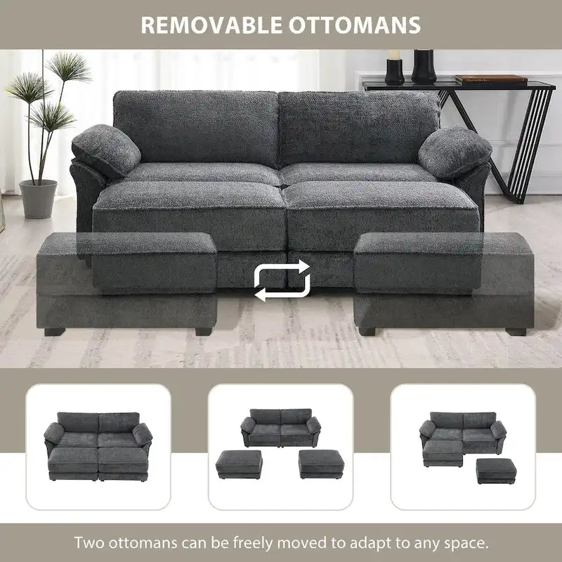 Divano letto componibile trasformabile a 4 posti imbottito a combinazione libera, seduta profonda, pouf, grigio