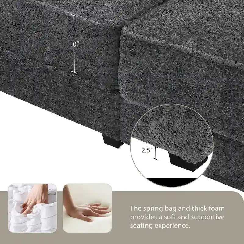 Divano letto componibile trasformabile a 4 posti imbottito a combinazione libera, seduta profonda, pouf, grigio