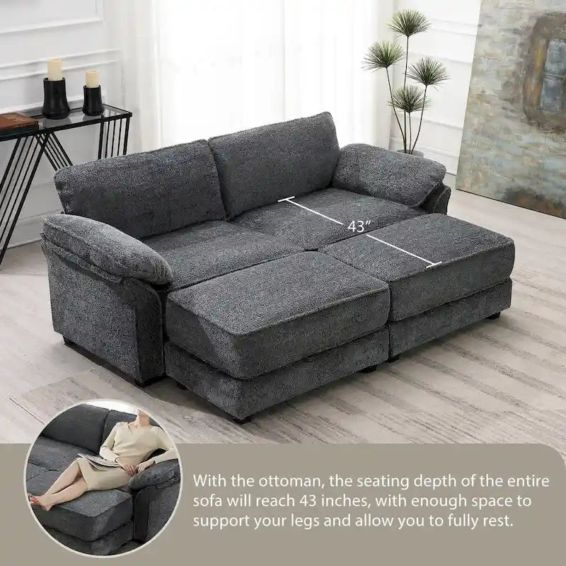 Divano letto componibile trasformabile a 4 posti imbottito a combinazione libera, seduta profonda, pouf, grigio