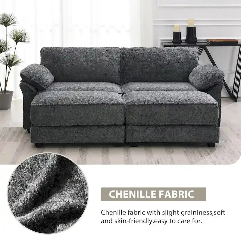Divano letto componibile trasformabile a 4 posti imbottito a combinazione libera, seduta profonda, pouf, grigio