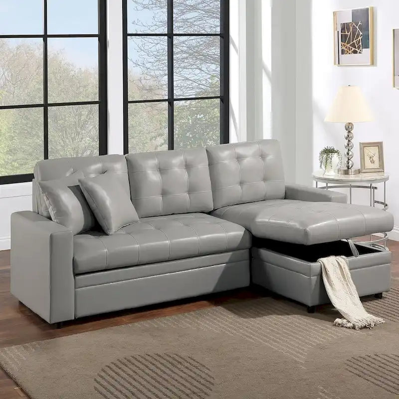 Divano componibile trasformabile in ecopelle con contenitore, grigio chiaro