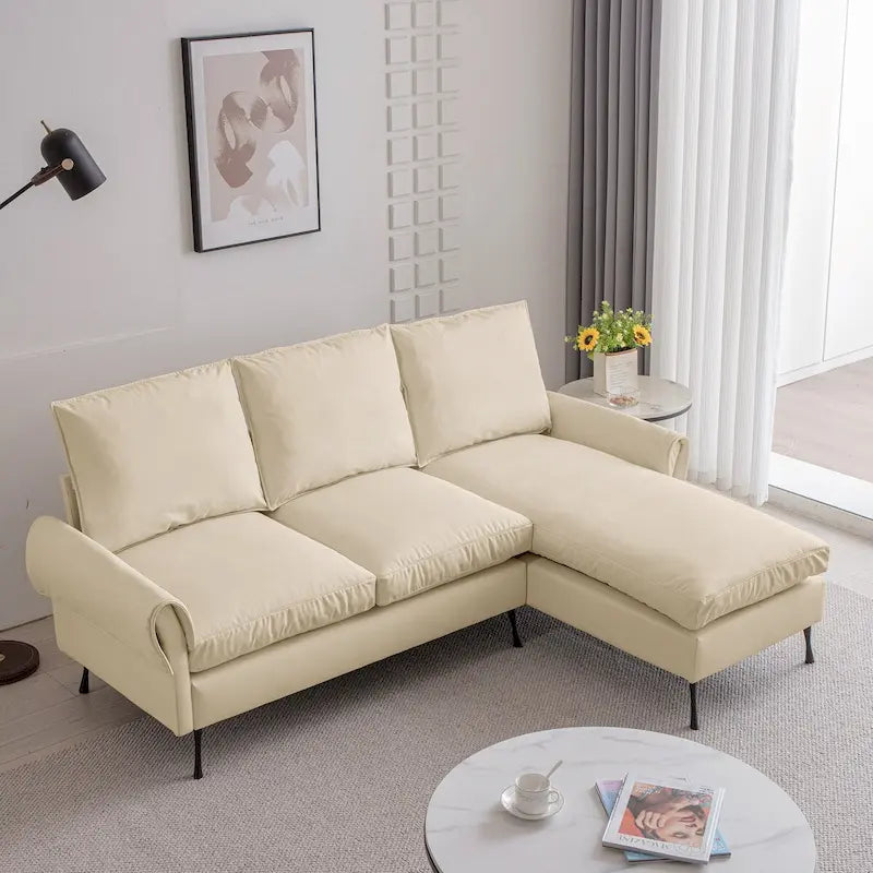 Divano angolare contemporaneo in pelle tecnica, chaise longue reversibile, beige