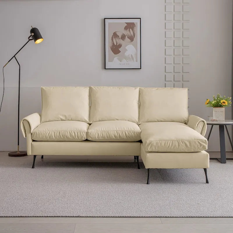 Divano angolare contemporaneo in pelle tecnica, chaise longue reversibile, beige