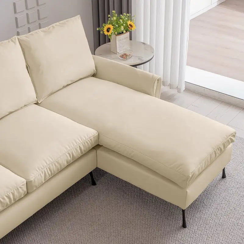 Divano angolare contemporaneo in pelle tecnica, chaise longue reversibile, beige