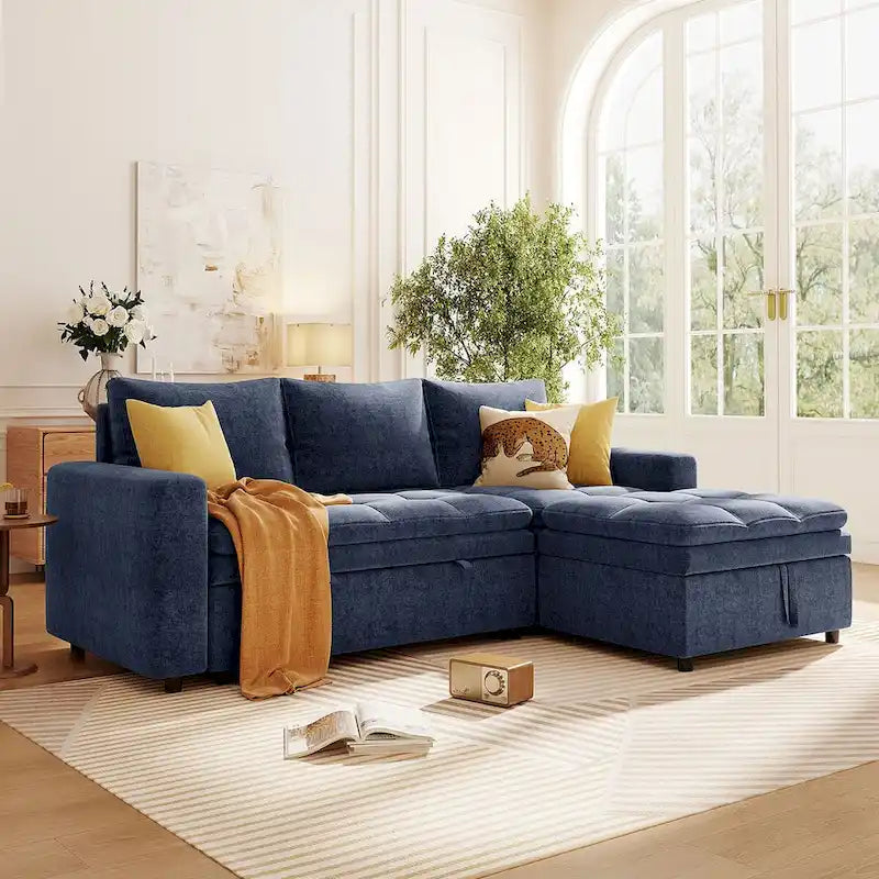 Canapé d'angle convertible bleu en L avec rangement, tissu doux en chenille