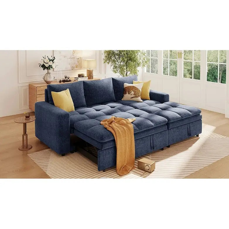 Canapé d'angle convertible bleu en L avec rangement, tissu doux en chenille