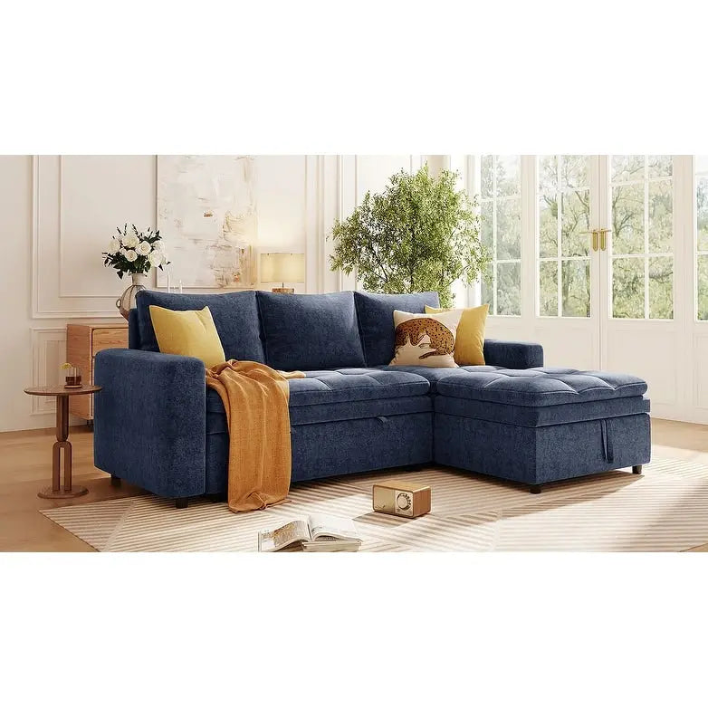Canapé d'angle convertible bleu en L avec rangement, tissu doux en chenille