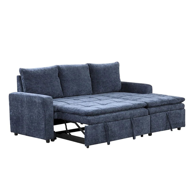 Canapé d'angle convertible bleu en L avec rangement, tissu doux en chenille